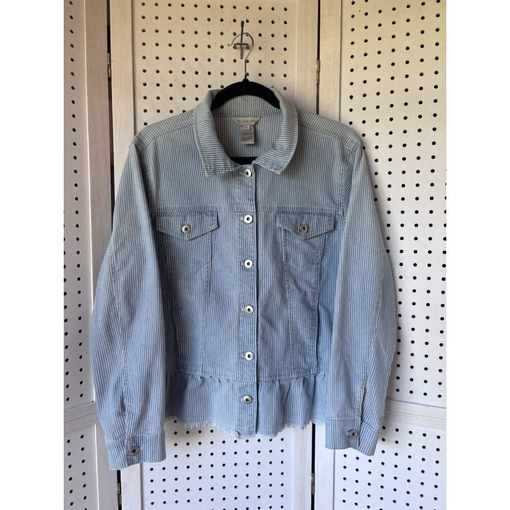Multiples Striped Button Jean Denim Jacket Women's M Cotton Blend Raw Hem